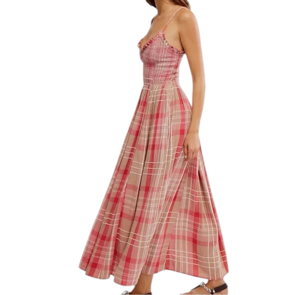 NWT Free People Sweet Nothings Plaid Spaghetti Strap Smocked Flowy Midi Dress M